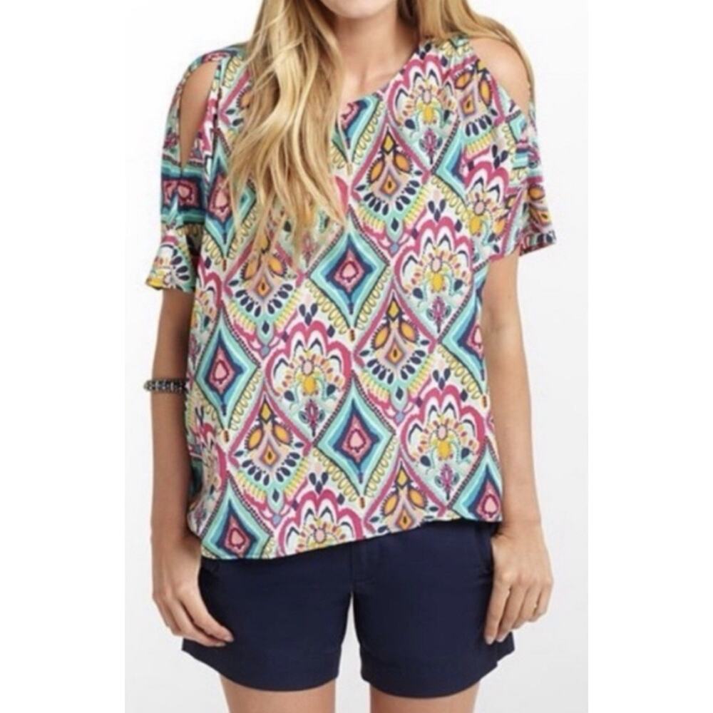 Lilly Pulitzer L Large Silk Trace Top Crown Jewels Cold Shoulder 42783 Classic